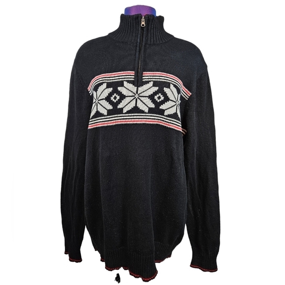 Eddie Bauer Black Nordic Snowflake Fair Isle 1/4 Zip Mock Neck Sweater Large O48 - Picture 2 of 10